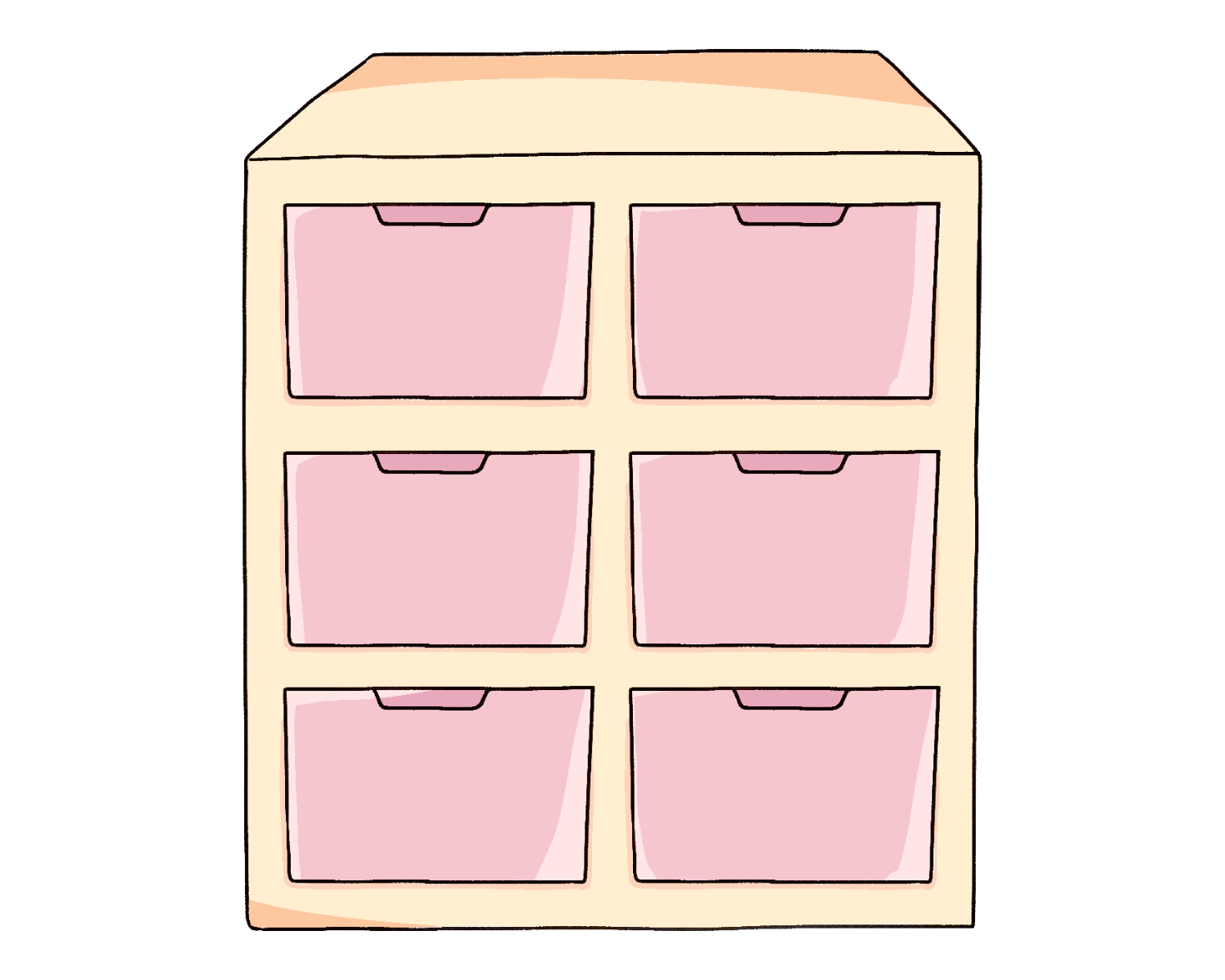 Cream cabinet with six pink drawers