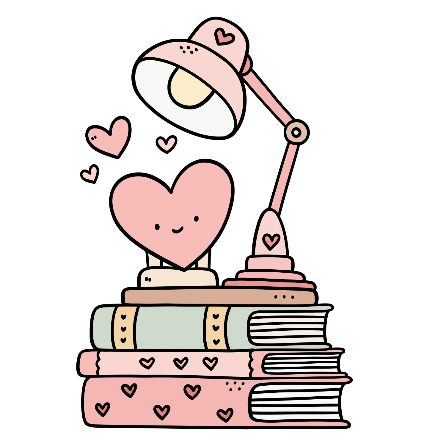 Pink heart lamp perched on a stack of books