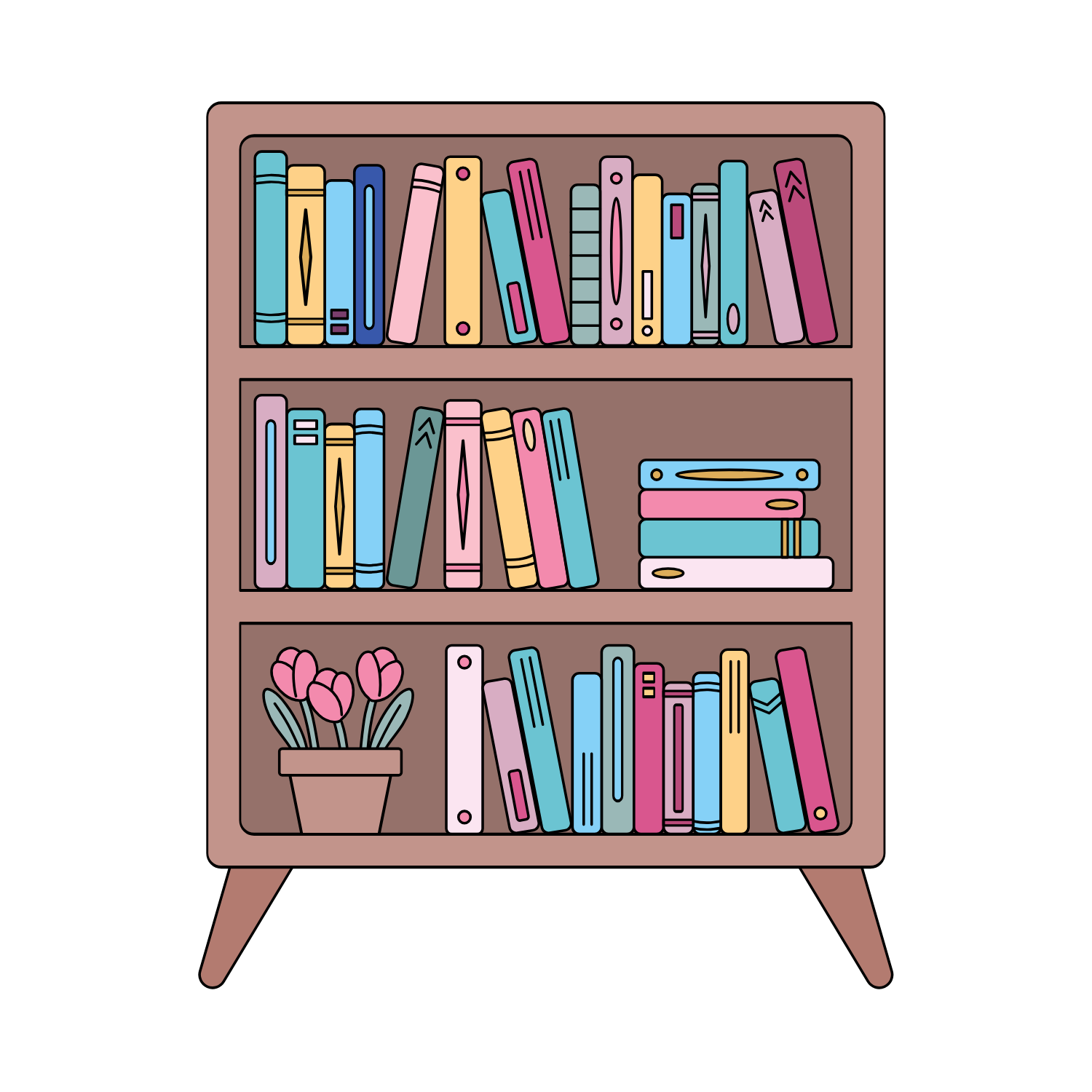 Pastel bookcase filled with Ghost Girl’s books