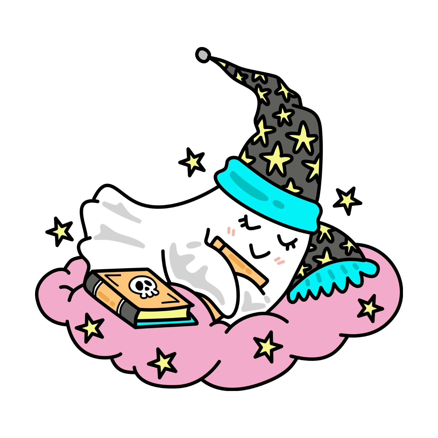 A sleepy ghost beneath a starry wizard hat