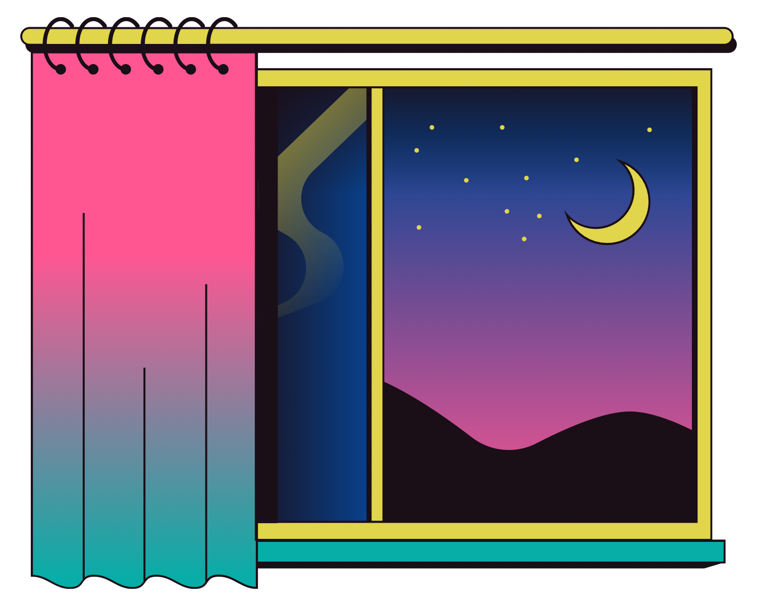 A dreamy pink and aqua night window with a crescent moon