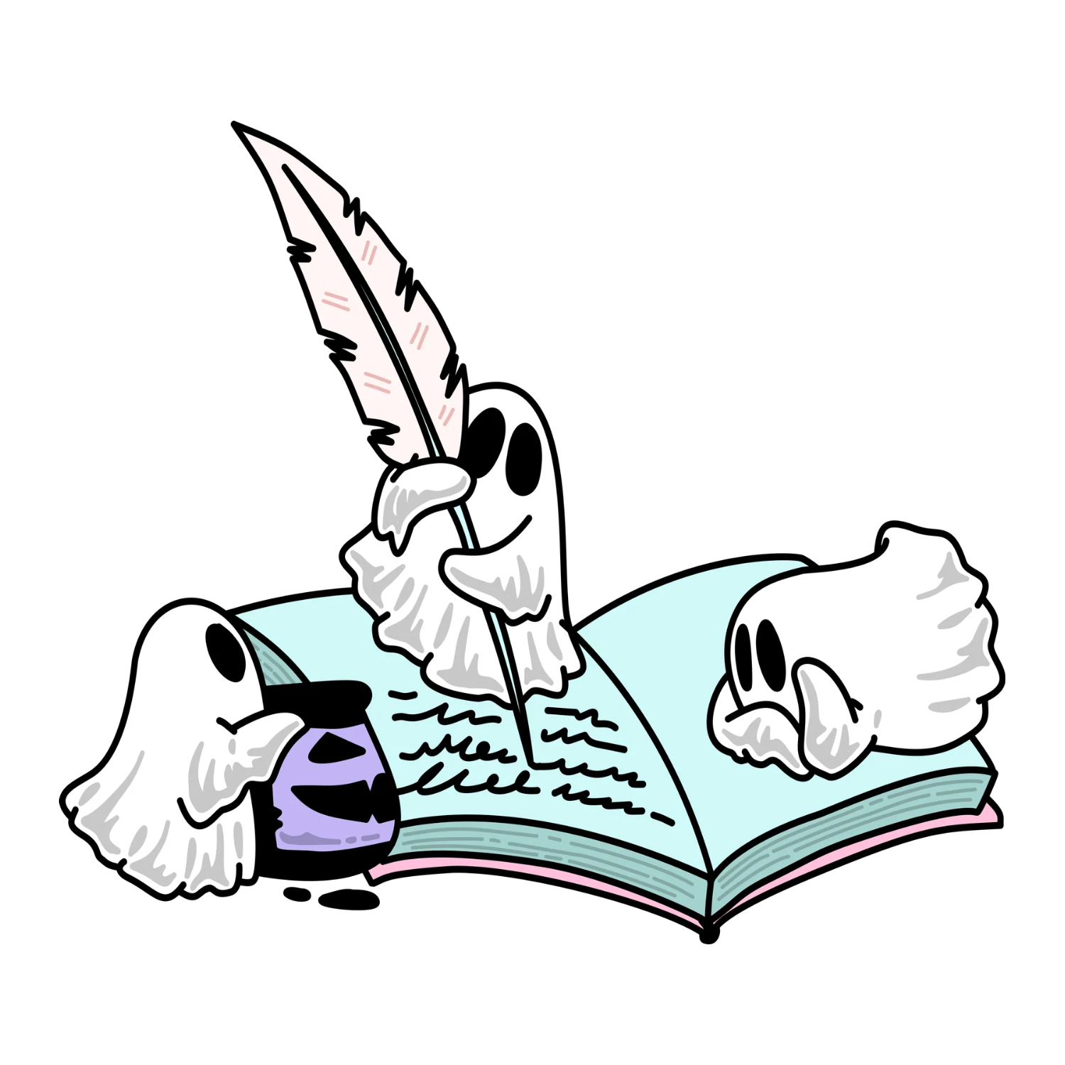 Three ghosts gathered around an open book while one writes with a quill