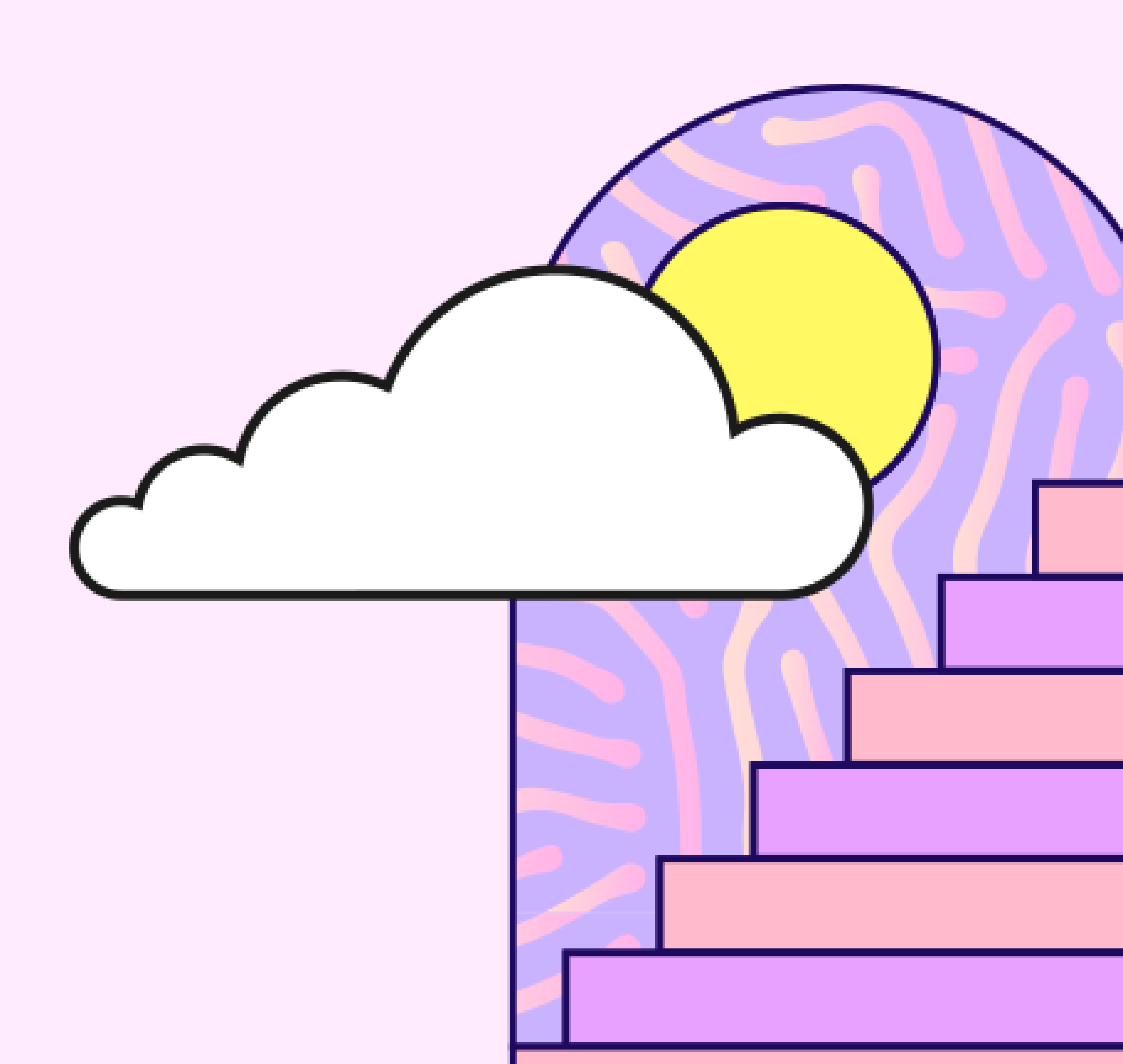 A pastel staircase rising into a glowing impossible doorway behind a cloud